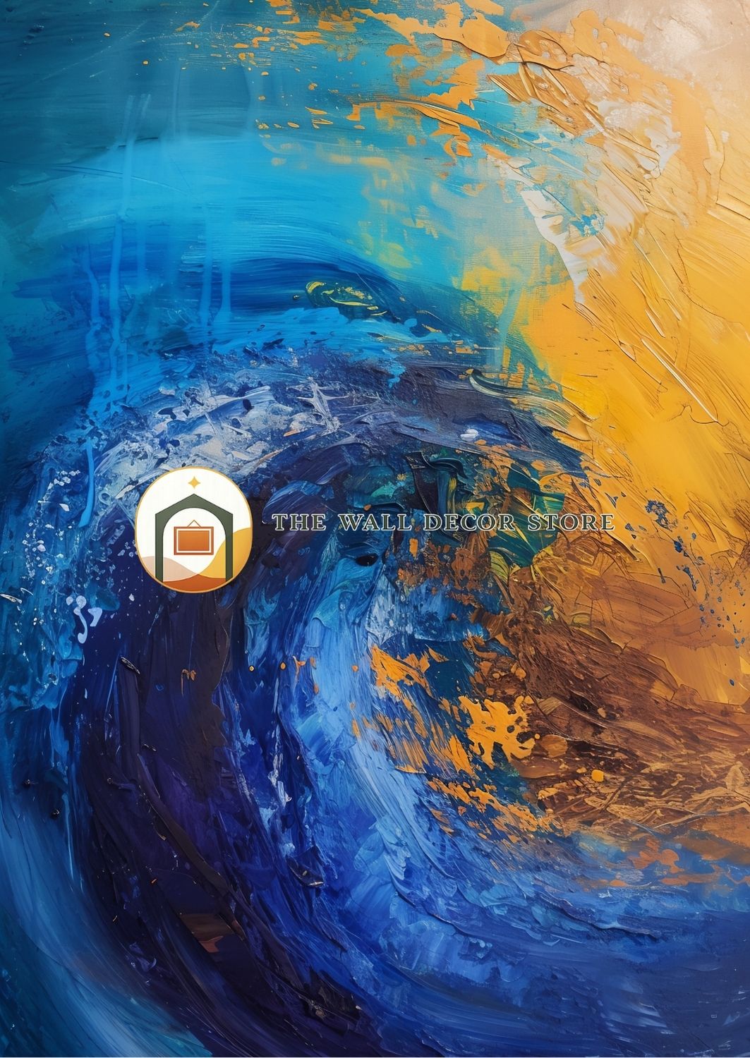 Abstract art with blue and gold colors and a logo in the center.