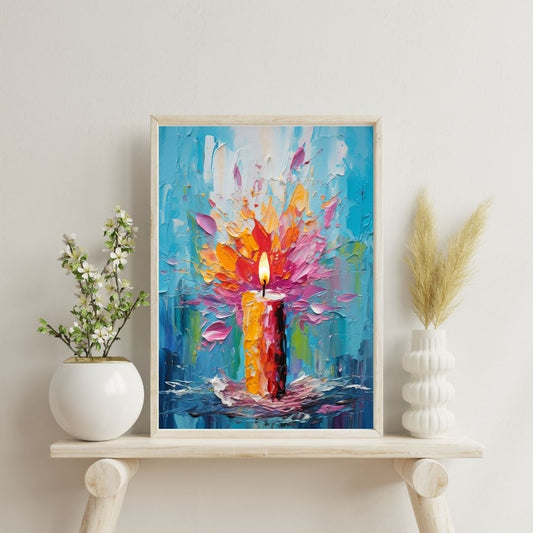 Framed abstract painting of a candle on a shelf with decorative plants.