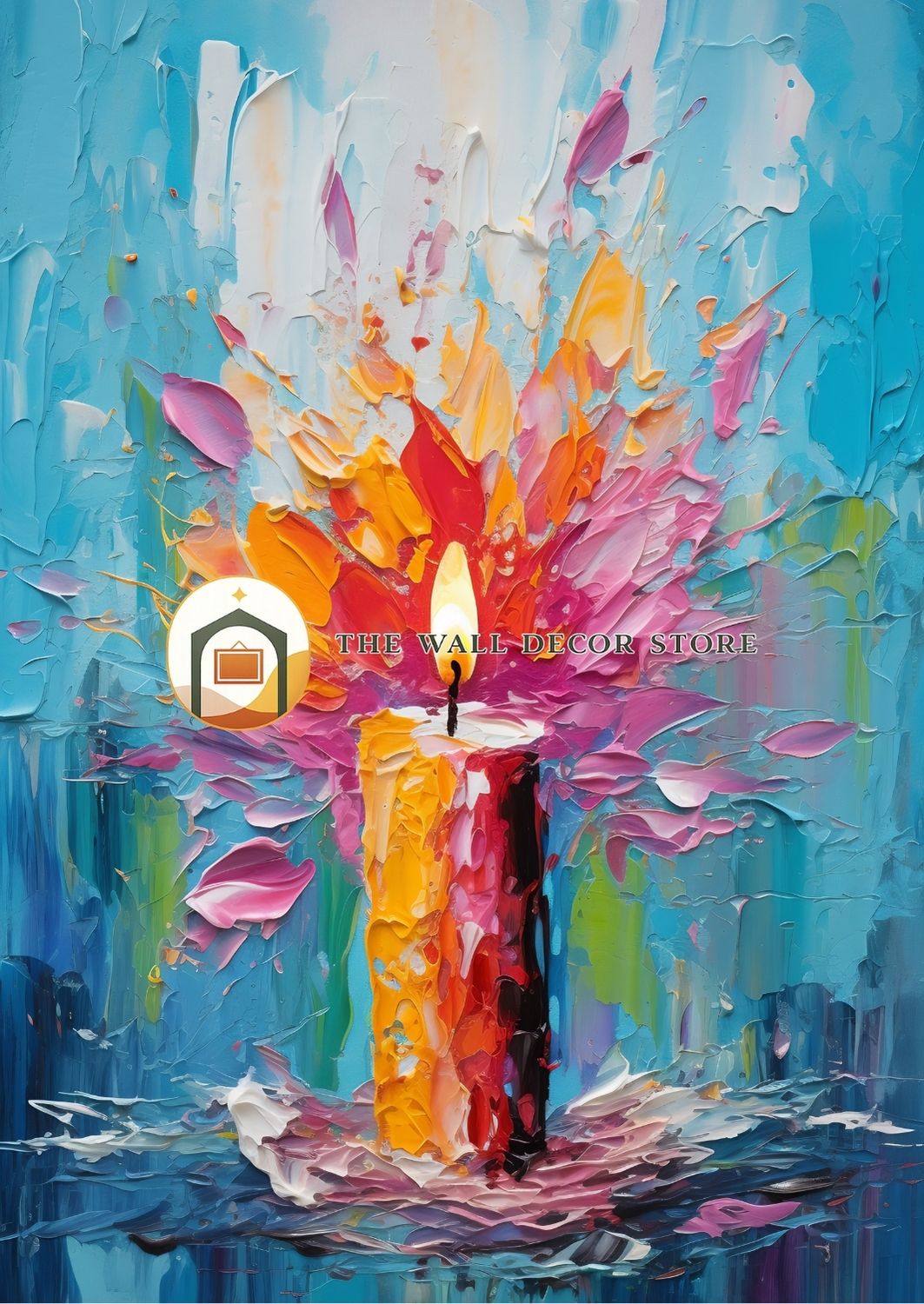Colorful abstract painting of a candle with a visible brand logo.