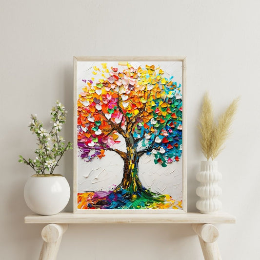 Colorful abstract tree painting on a shelf with decorative plants.