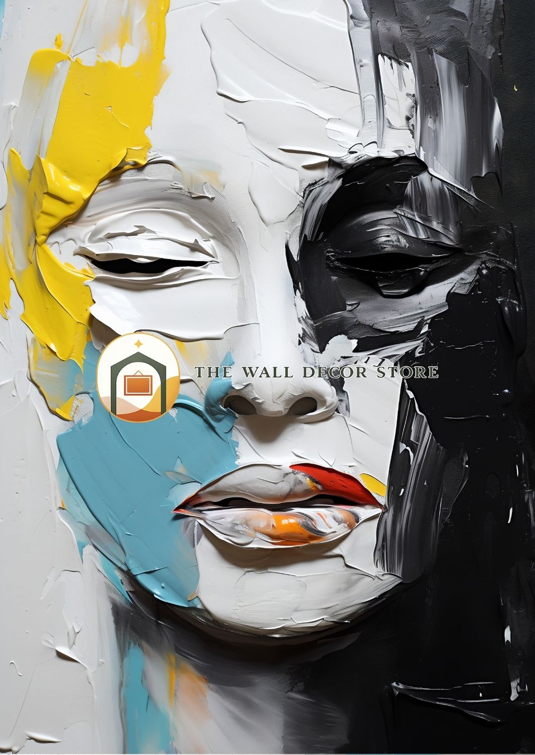 Abstract art painting with colorful brush strokes on a white background, featuring 'The Wall Decor Store' logo.