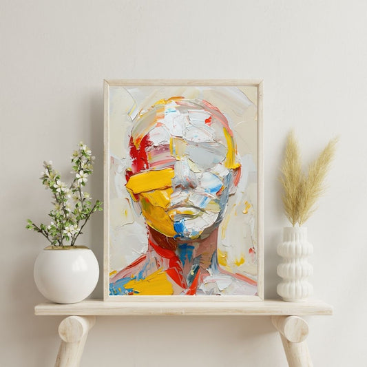 Abstract art piece on a shelf with decorative plants against a light wall