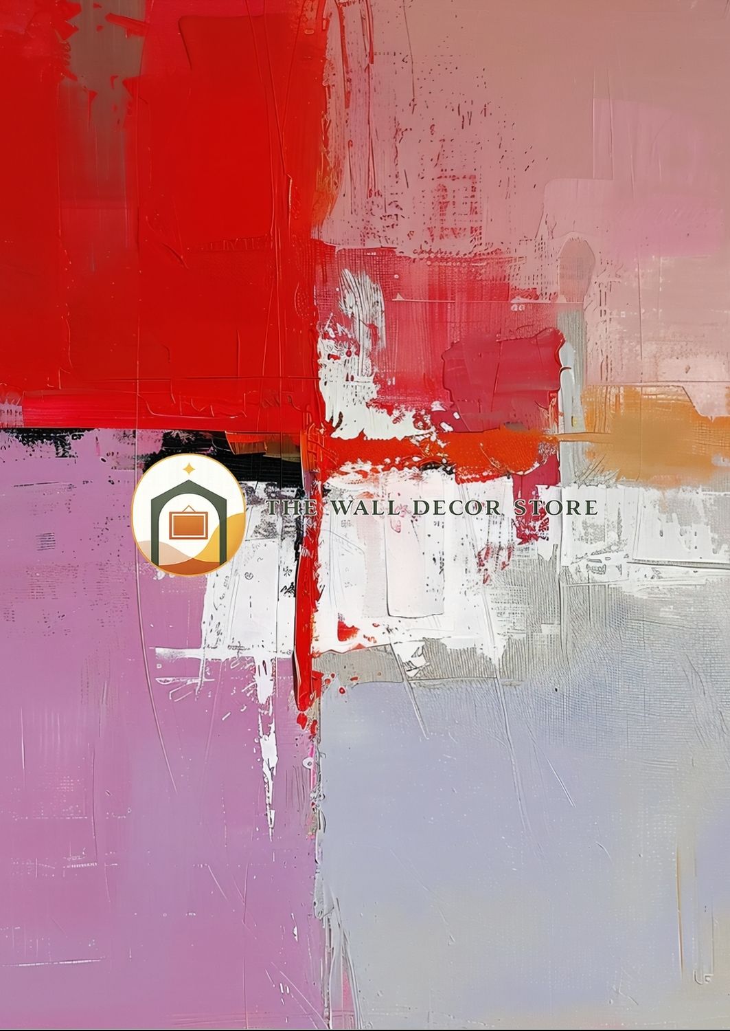 Abstract art with red, pink, and gray colors on a white background, featuring 'The Wall Decor Store' logo.