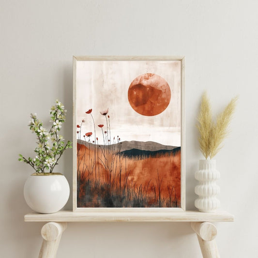 Framed artwork of a sunset over mountains with flowers on a shelf against a light wall.