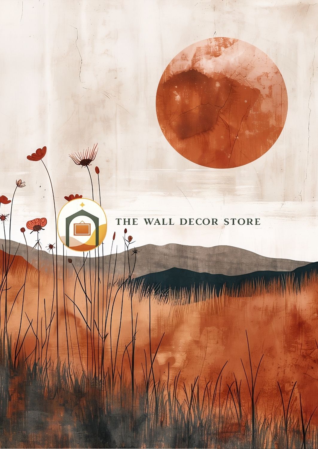 Artistic depiction of a sunset over a field with 'The Wall Decor Store' logo.