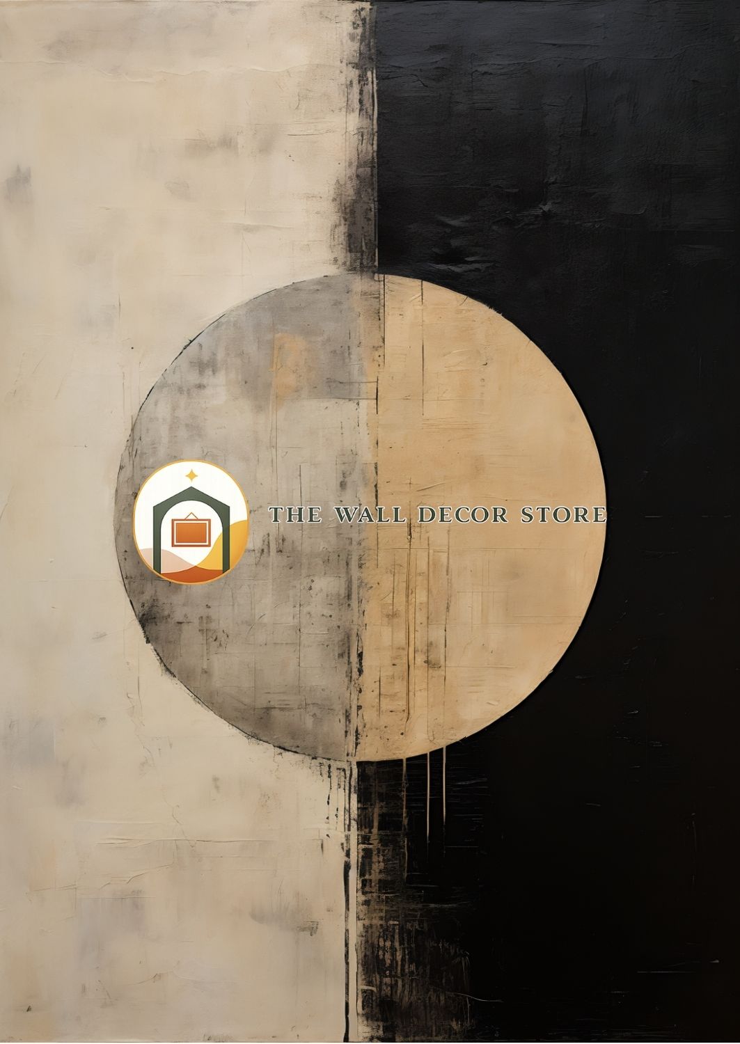 Abstract art piece with a circular design on a beige and black background, featuring 'The Wall Decor Store' logo.