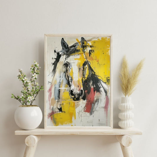 Framed abstract art of two horses on a shelf with decorative plants.