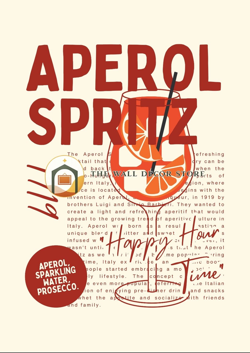 Aperol Spritz promotional poster with text and a glass of cocktail.