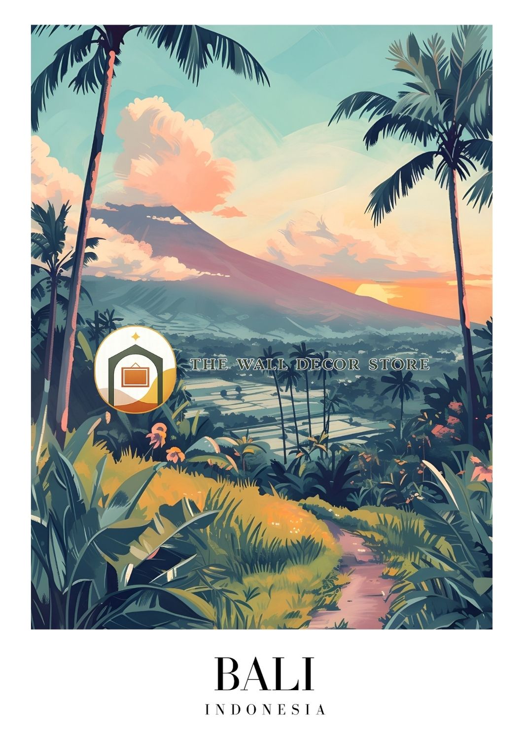 Surreal landscape with palm trees, volcano, and monkey in a tropical setting with 'The Wall Decor Store' branding.