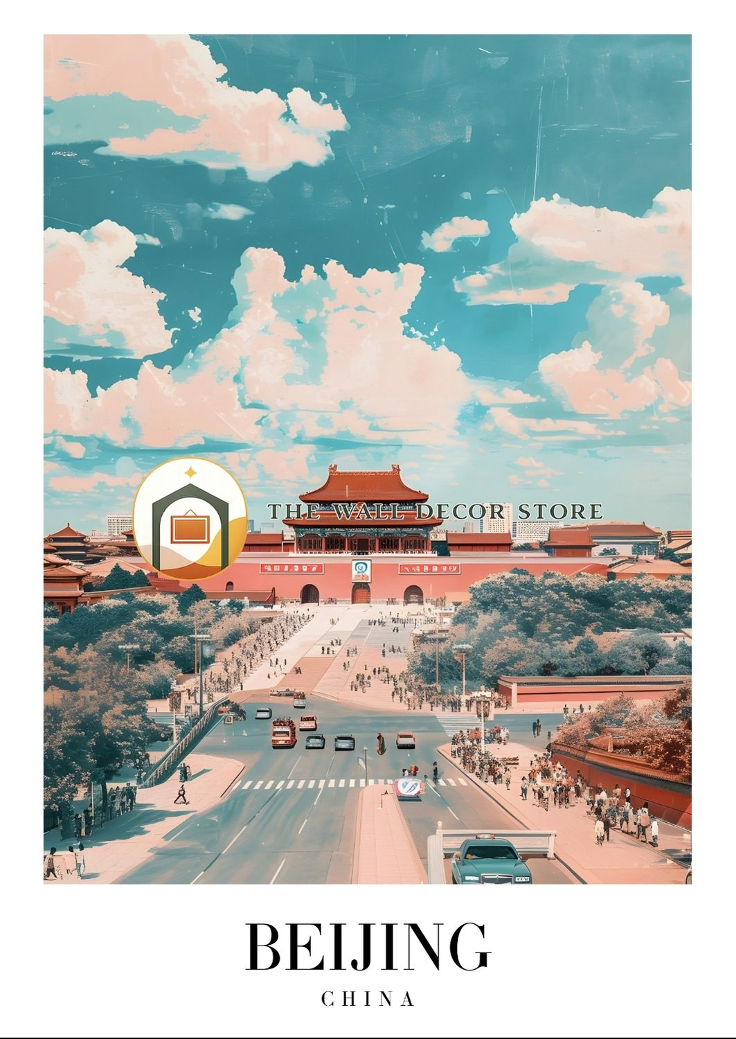 Vintage-style poster of Beijing, China with a clear sky and iconic architecture.