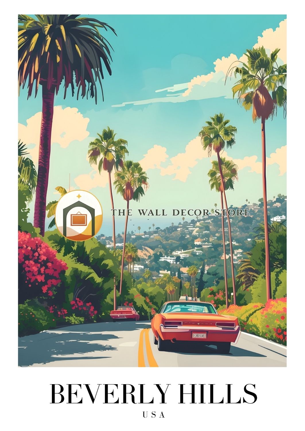 Vintage-style poster of a road with palm trees and a car, labeled 'Beverly Hills USA'.