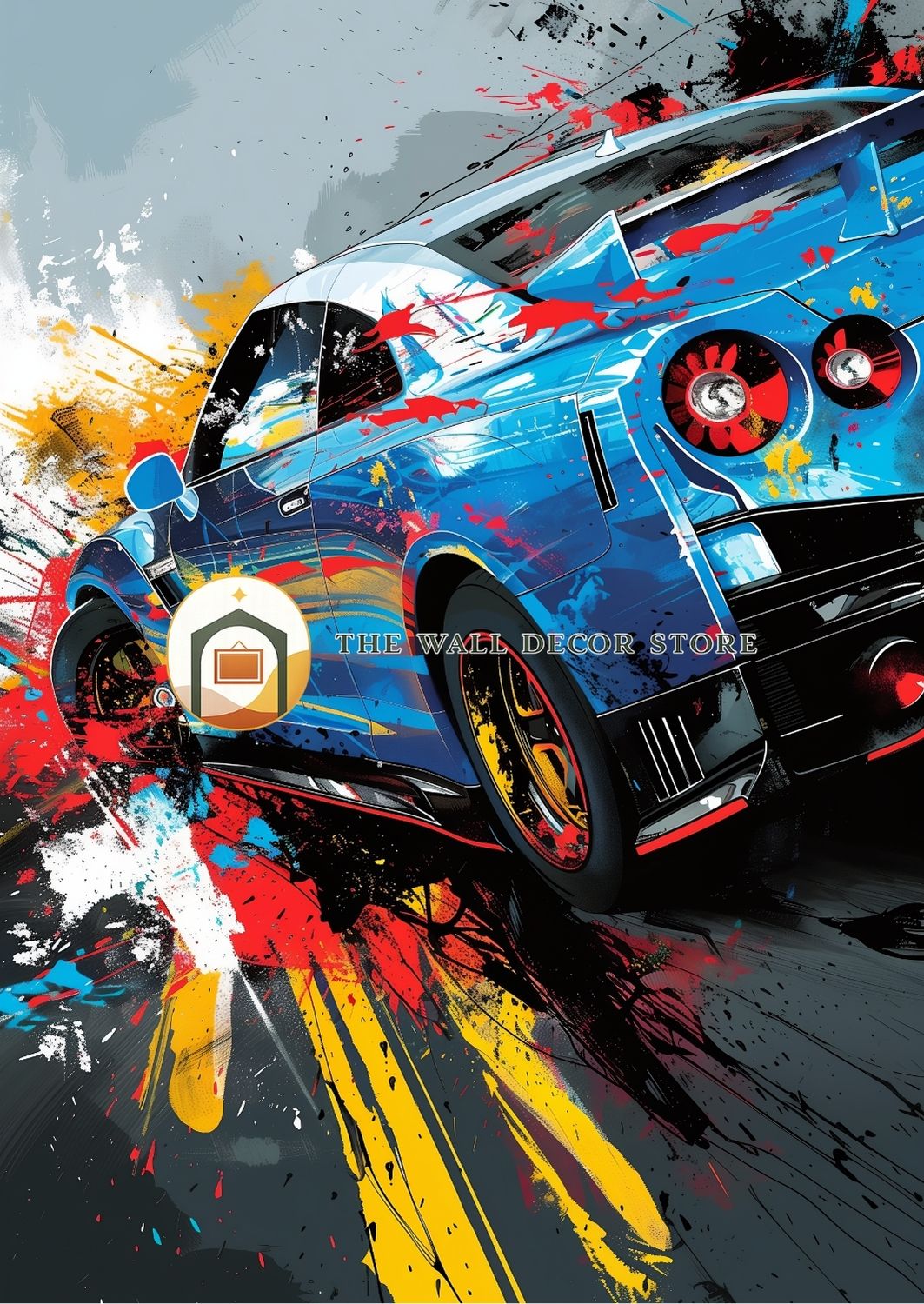 Colorful graphic of a car with abstract art style on a black background