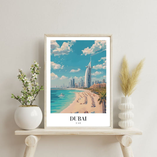 Framed artwork of Dubai's beach and skyline on a shelf with decorative plants.