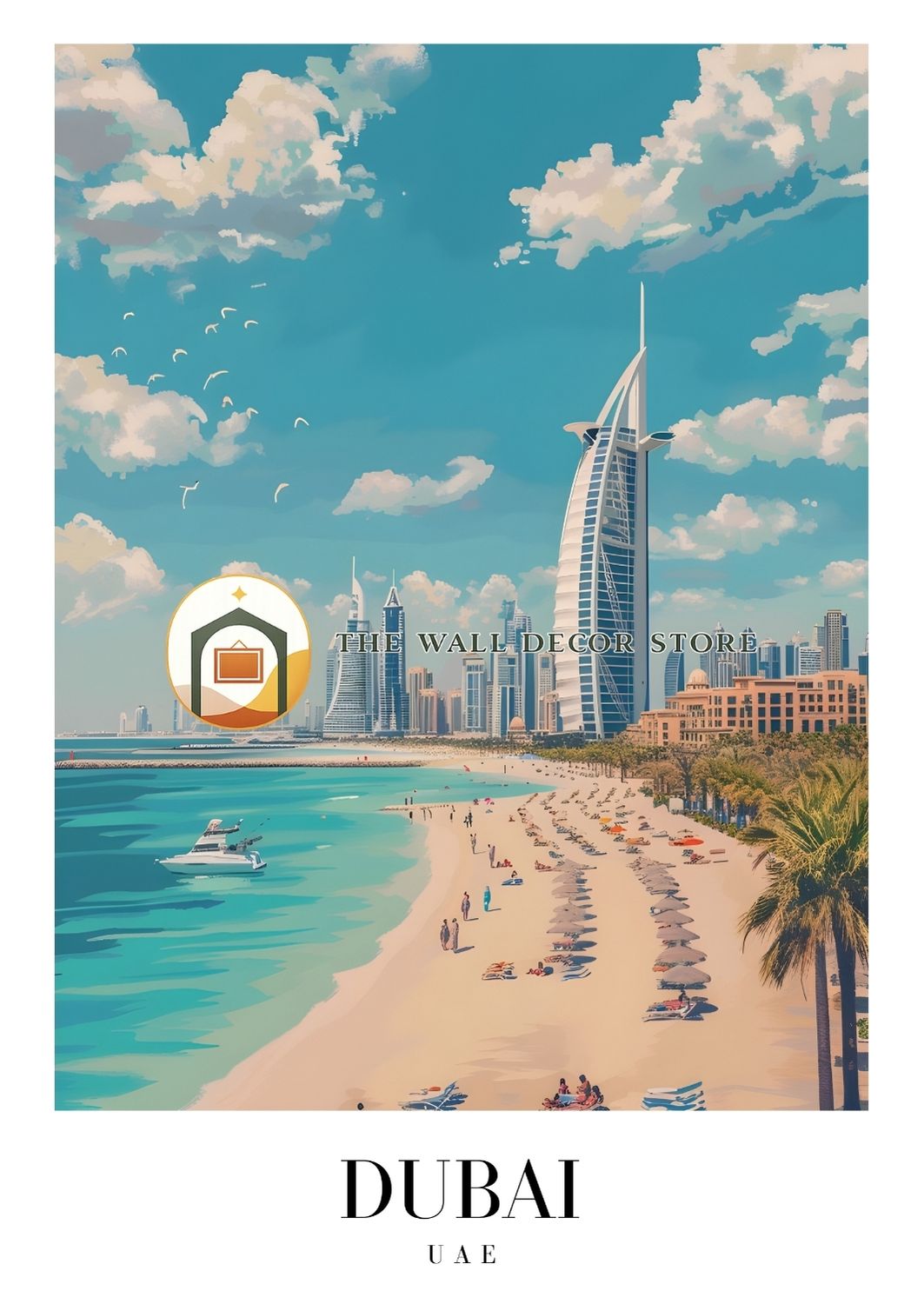 Vintage-style poster of Dubai with beach and skyline