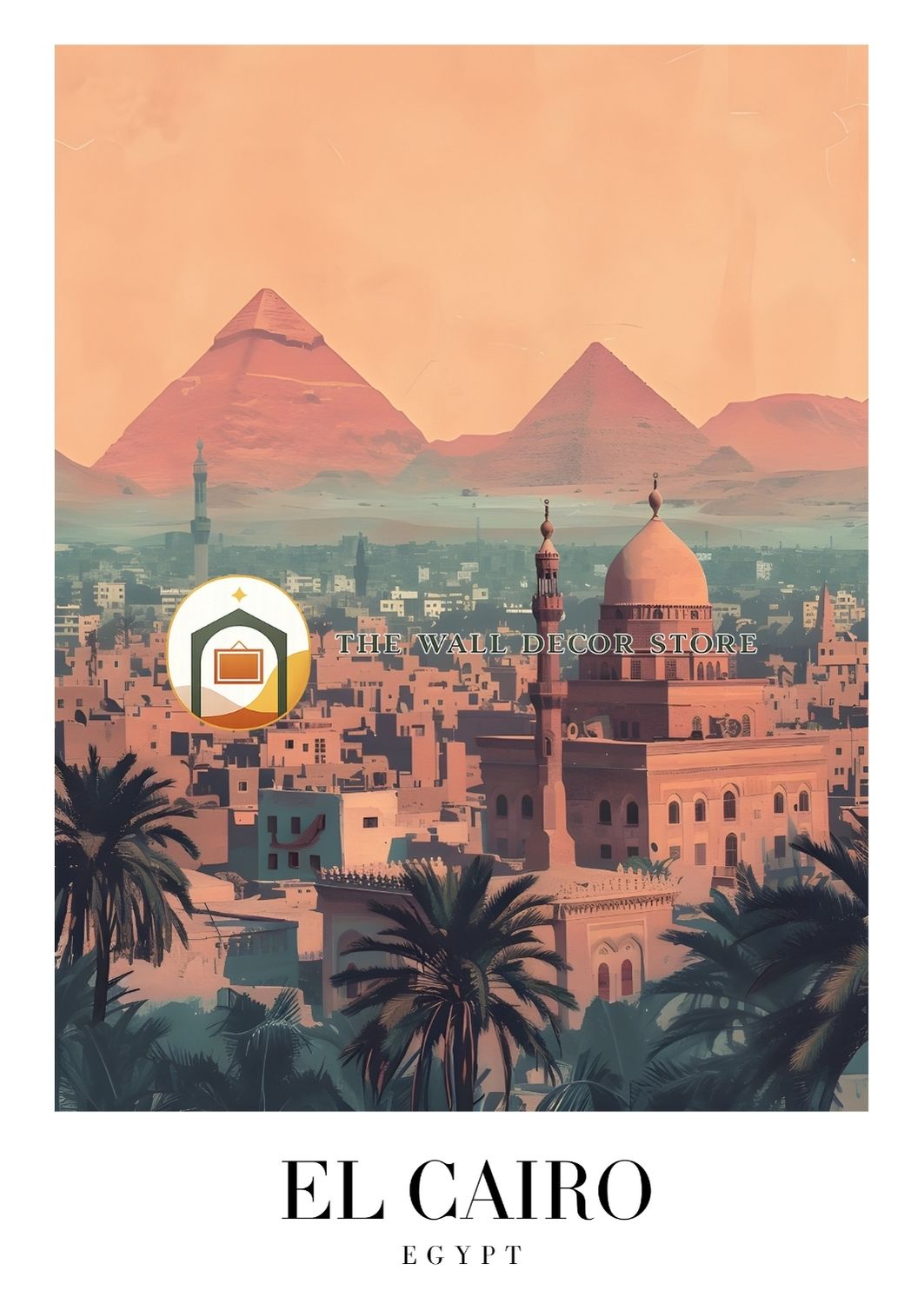 Vintage-style poster of El Cairo with pyramids and cityscape.