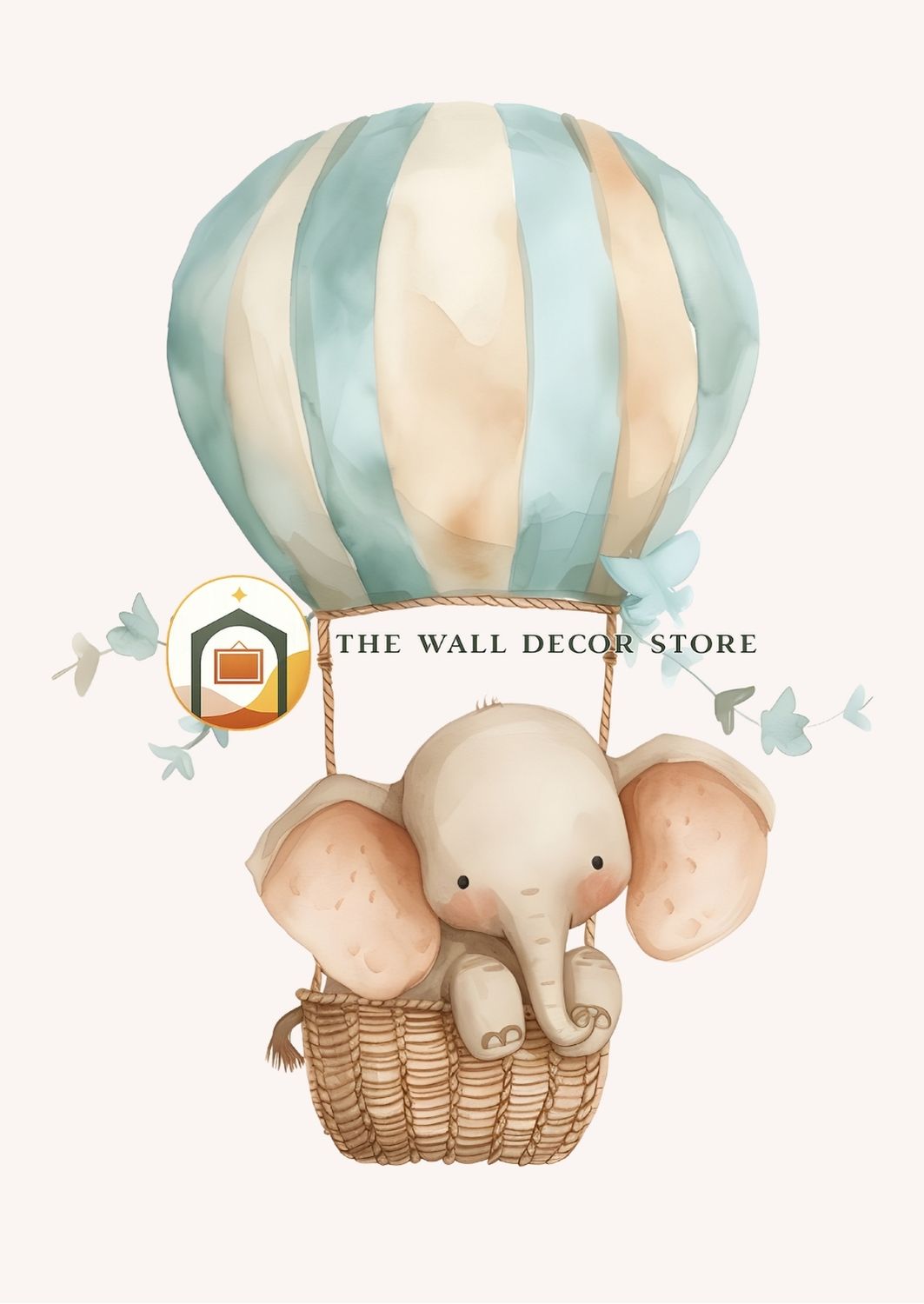 Illustration of an elephant in a hot air balloon with 'The Wall Decor Store' logo.
