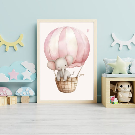 Framed artwork of an elephant in a pink hot air balloon in a child's room.