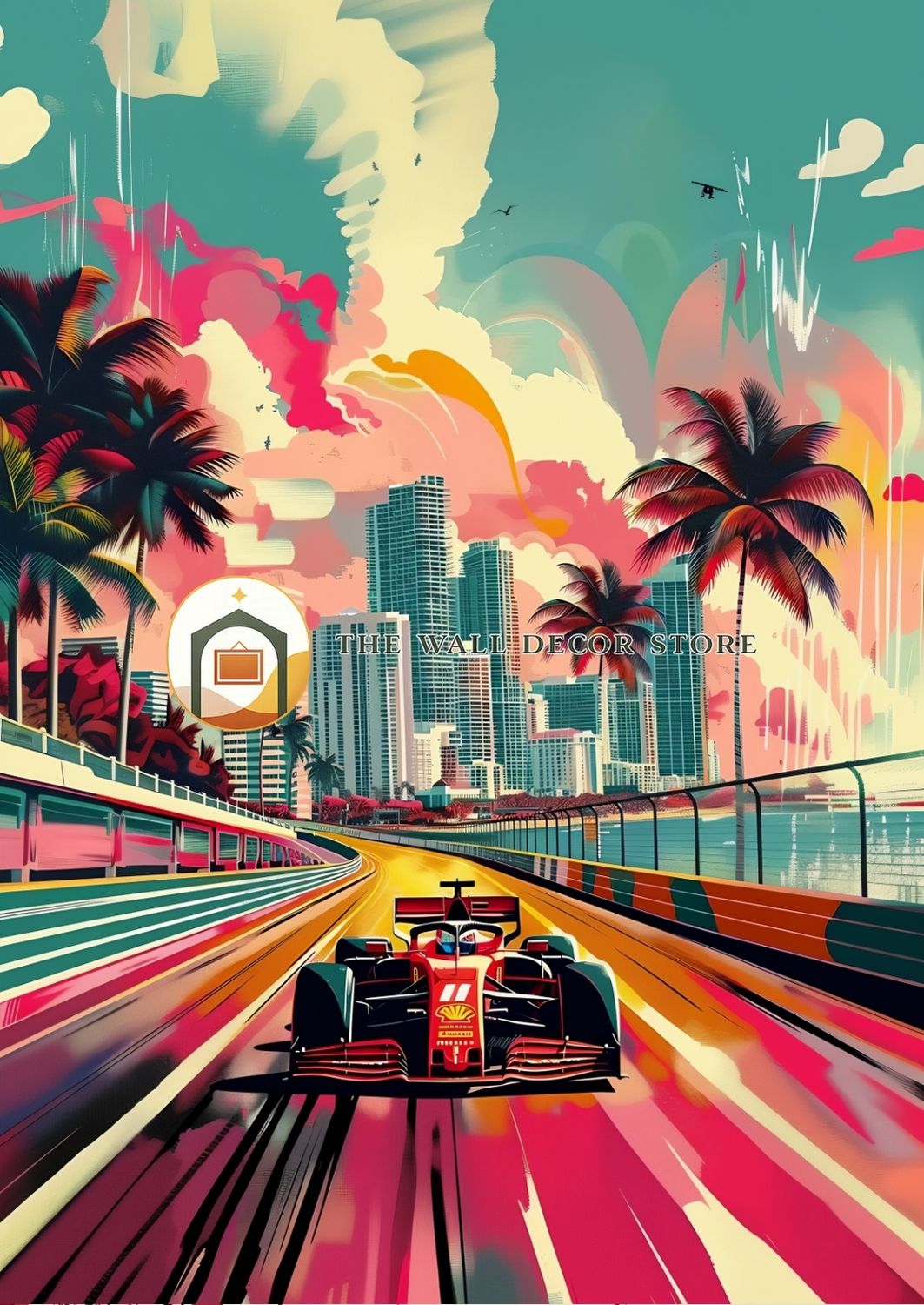 Futuristic cityscape with a racing car on a track, palm trees, and colorful abstract elements.