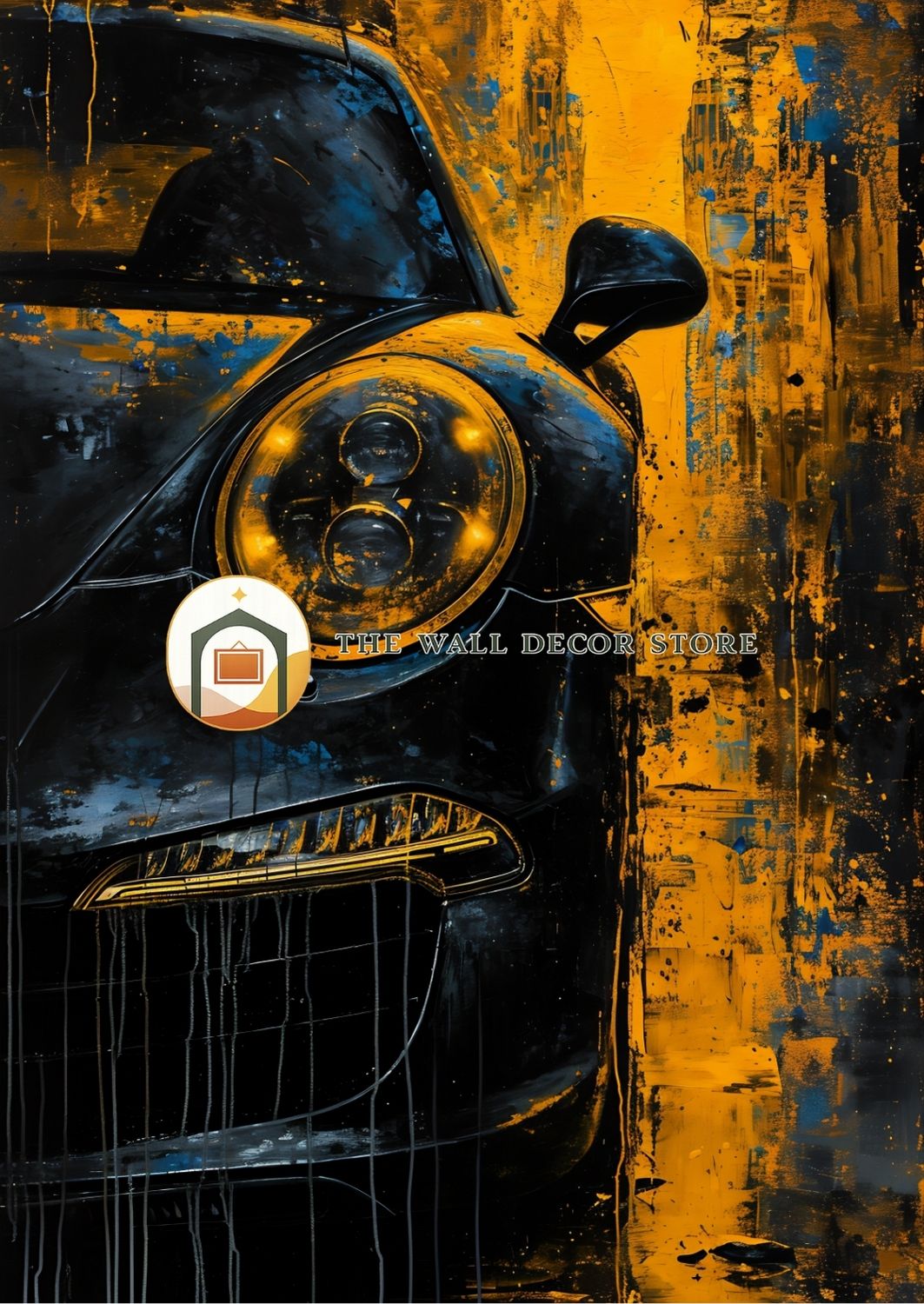 Artistic depiction of a car's front grille on a textured yellow and black background with 'The Wall Deco Store' logo.