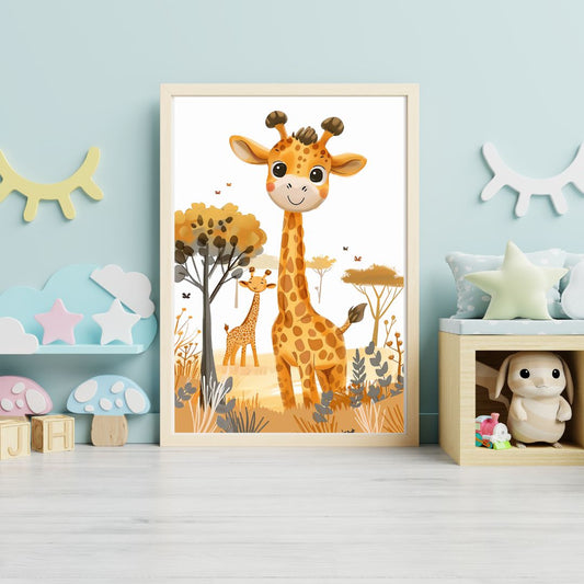 Framed children's poster of a giraffe in a forest design on a wall in a room with toys and decorations.