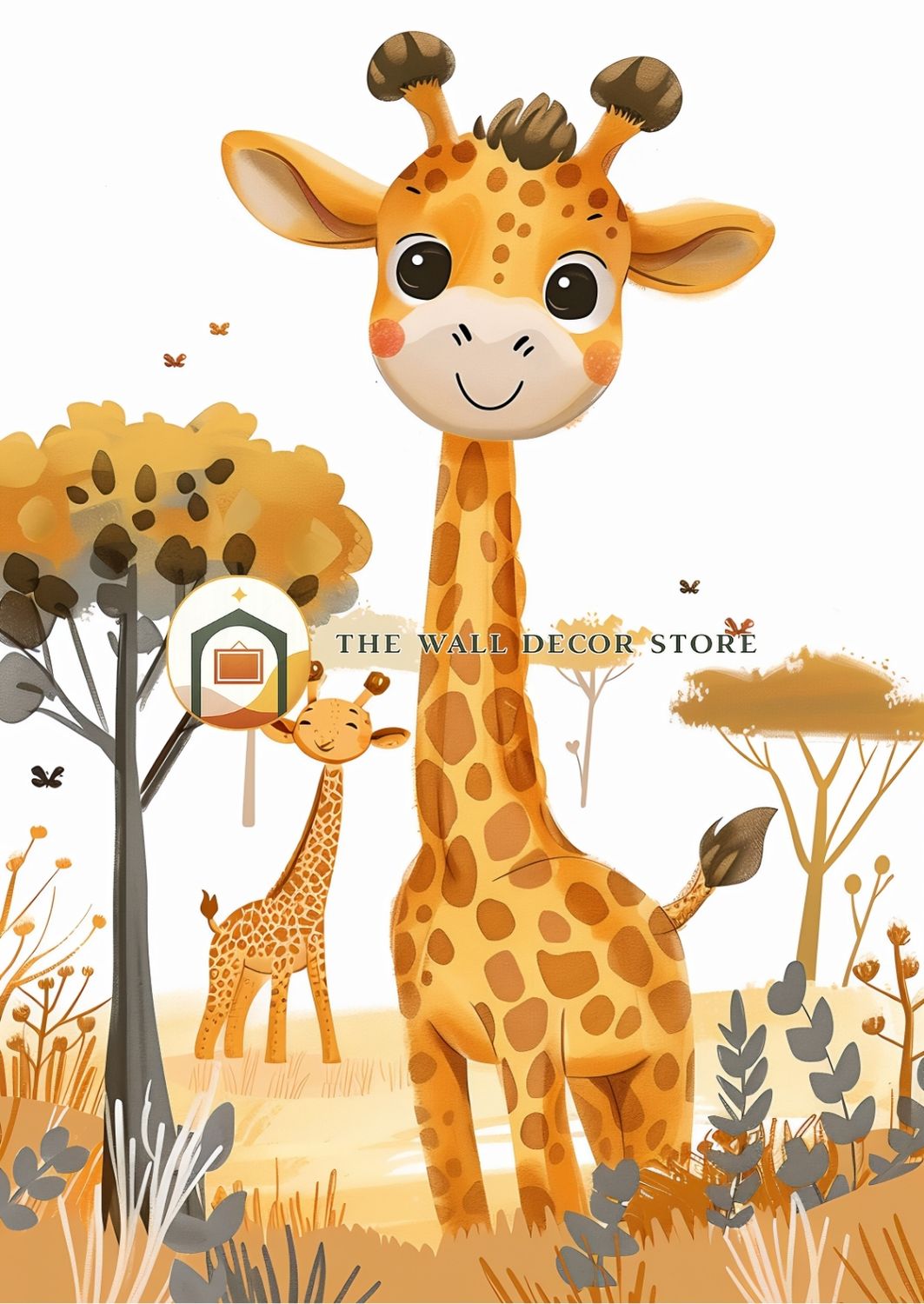 Illustration of a giraffe and its baby in a savanna setting with trees and bushes.