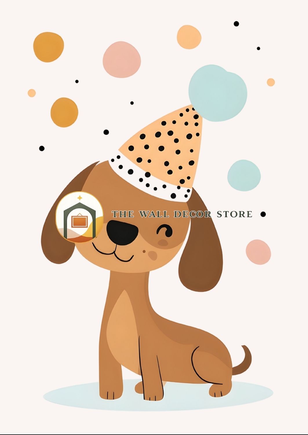 Cartoon dog wearing a party hat with colorful polka dots on a light gray background.