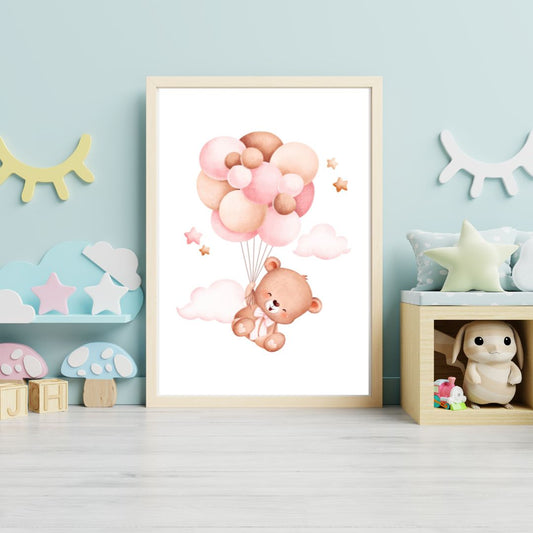 Framed artwork of a teddy bear with balloons in a child's room.