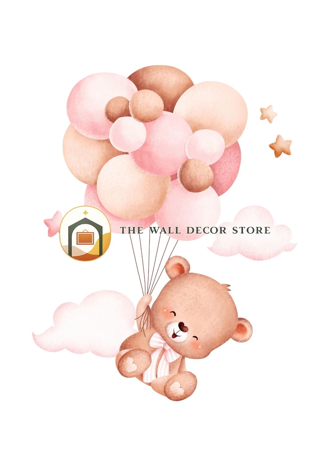 Cartoon bear with balloons on a white background, featuring 'The Wall Decor Store' logo.