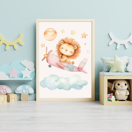 Framed children's poster of a lion on an airplane in a room with toys and decor.