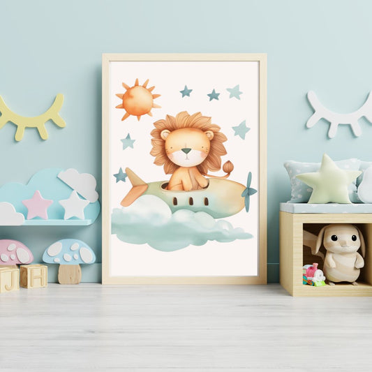 Framed children's poster of a lion on an airplane in a room with toys and decor.