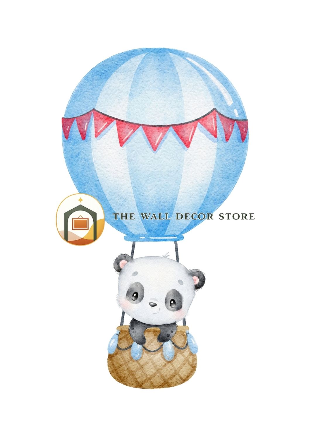 Illustration of a panda bear in a hot air balloon with a blue sky and red flags, from 'The Wall Decor Store'.
