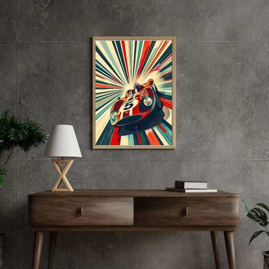 Framed abstract art piece on a gray wall above a wooden console table.