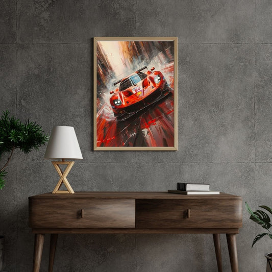 Framed painting of a red sports car on a gray wall above a wooden console table.