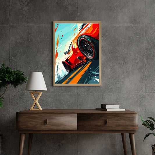 Framed artwork of a red car on a gray wall above a wooden console table.