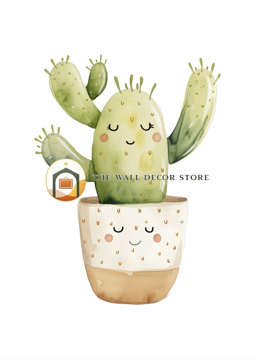 Cute cartoon-style cactus plant with a smiling face in a decorative pot on a white background.