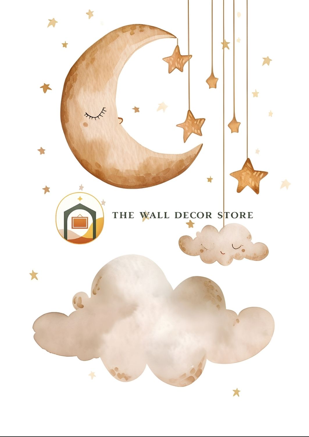 Decorative wall stickers with a moon, stars, and clouds on a white background, branded 'The Wall Decor Store'.