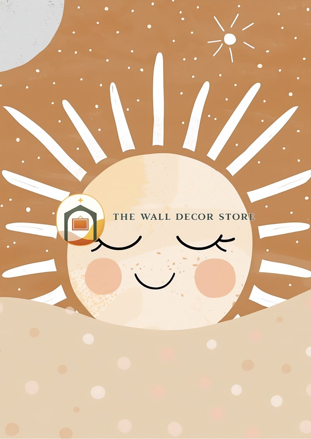 Sun-shaped character with closed eyes on a brown background, featuring 'The Wall Decor Store' logo.