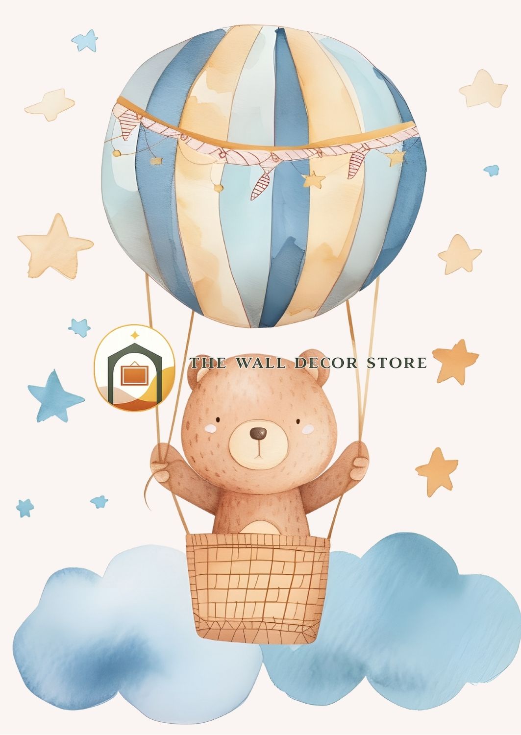 Illustration of a bear in a hot air balloon with stars and clouds on a light background, featuring 'The Wall Decor Store' logo.