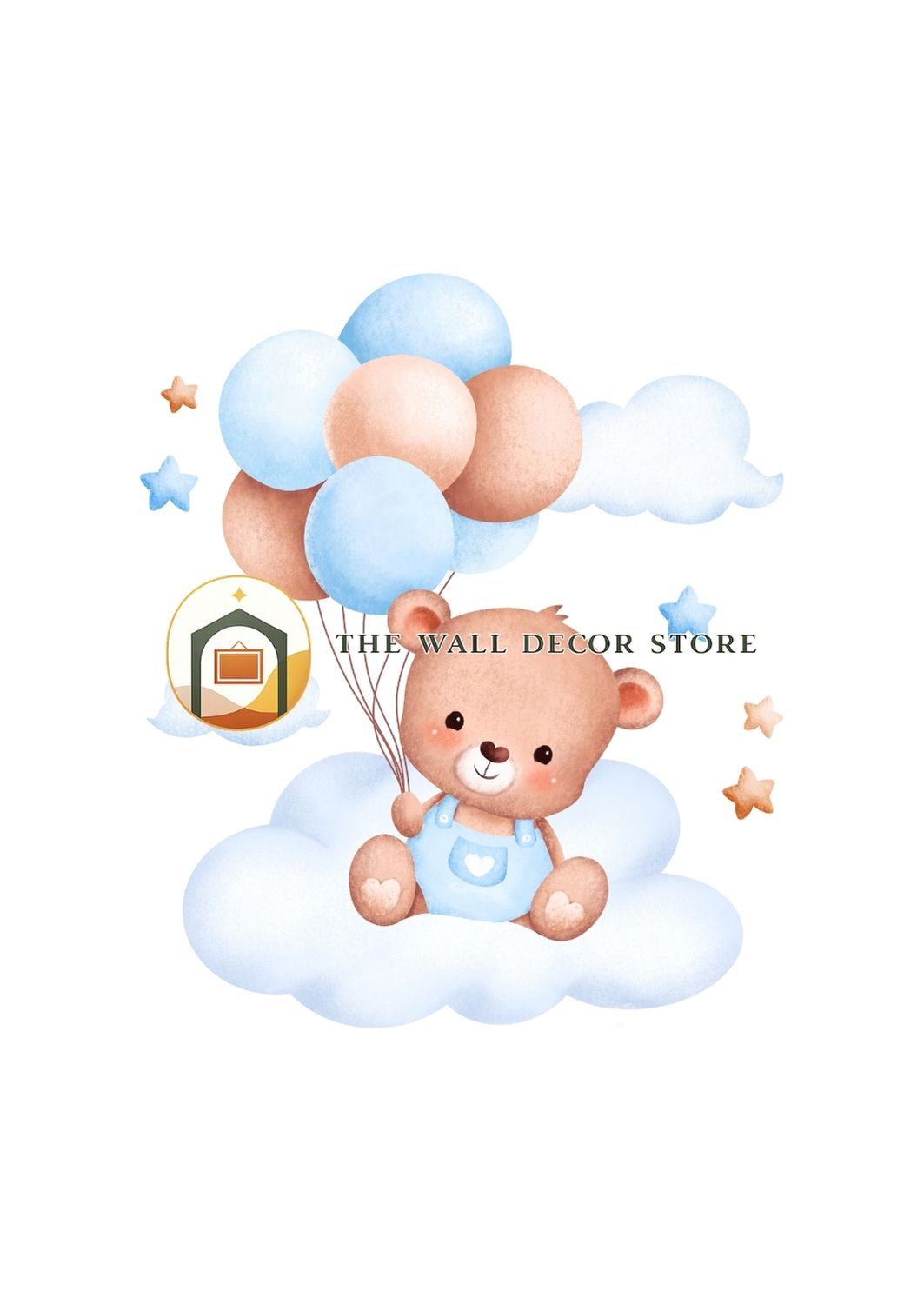Cartoon bear with balloons on a cloud, with 'The Wall Decor Store' logo.