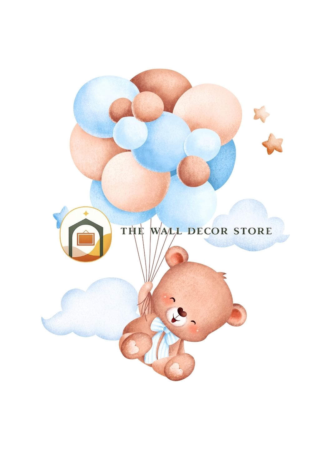 Cartoon teddy bear with balloons and clouds, branded 'The Wall Decor Store'.