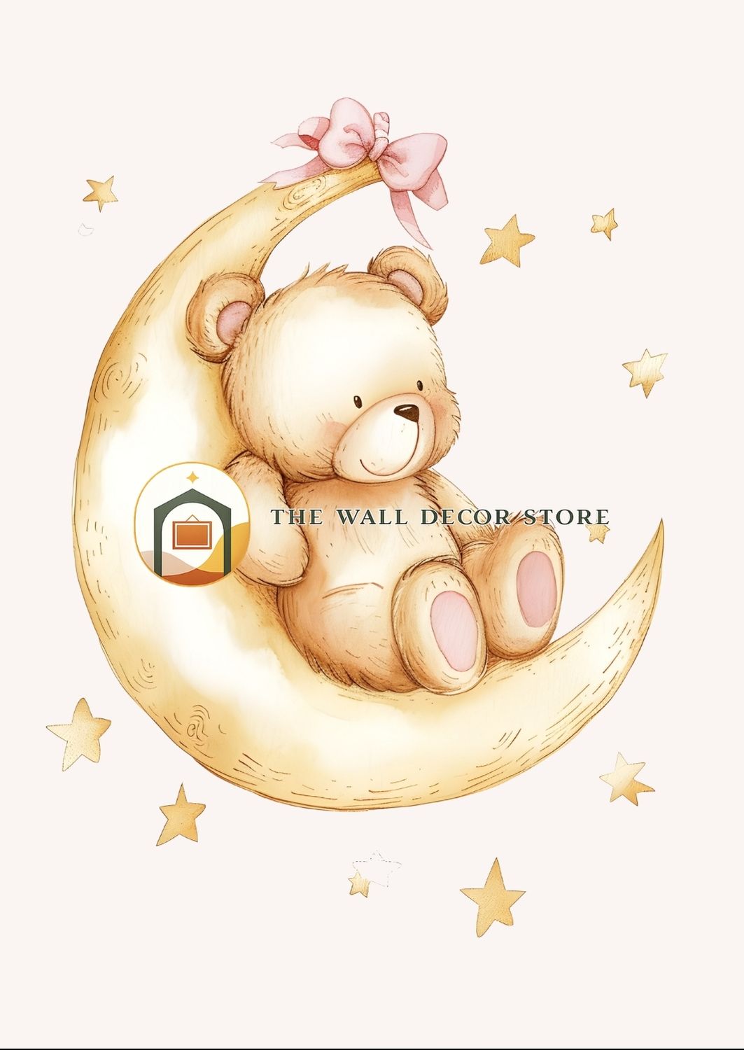 Teddy bear sitting on a crescent moon with stars around, from The Wall Decor Store.