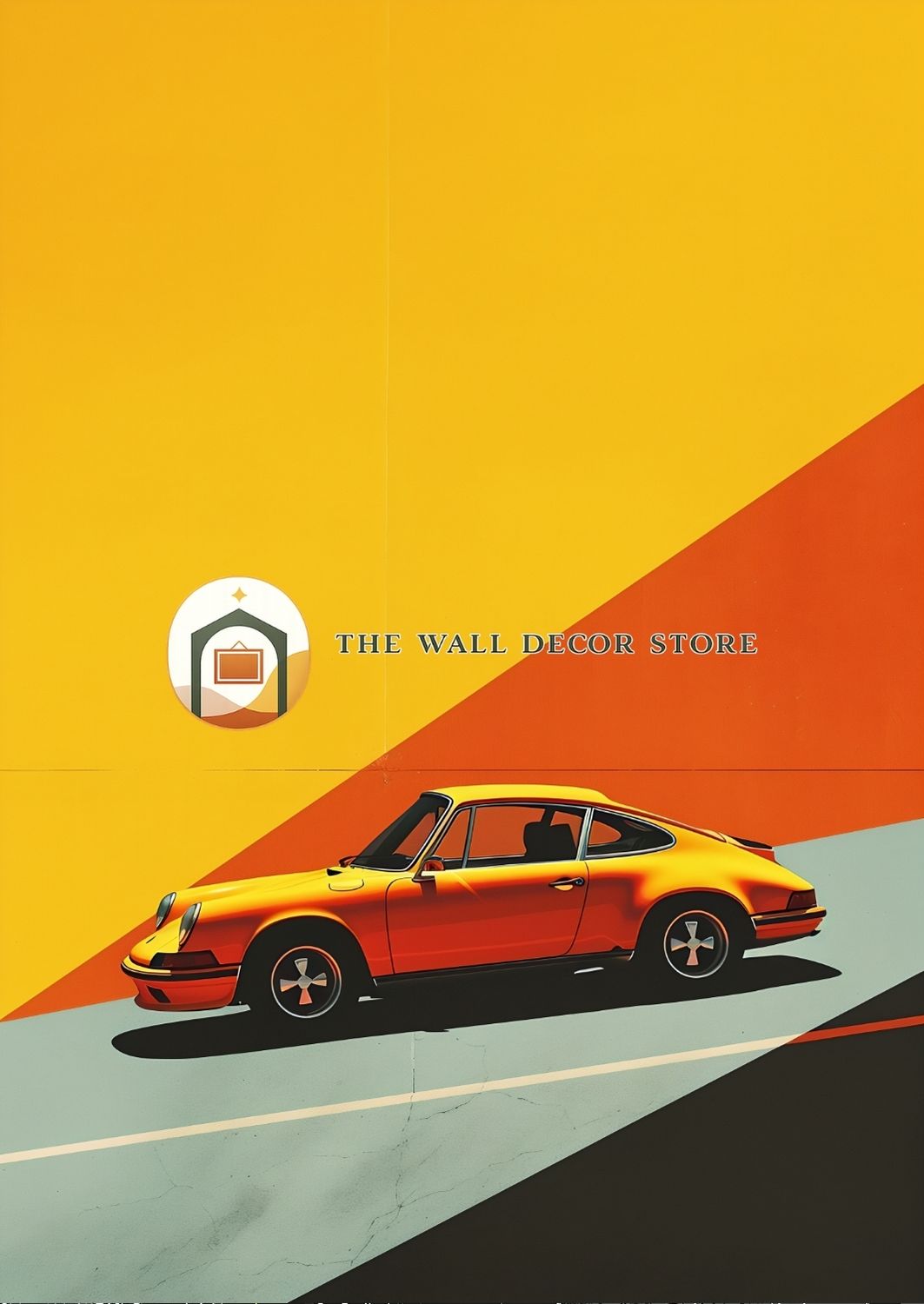 Orange sports car on a yellow and orange geometric background with 'The Wall Decor Store' logo.