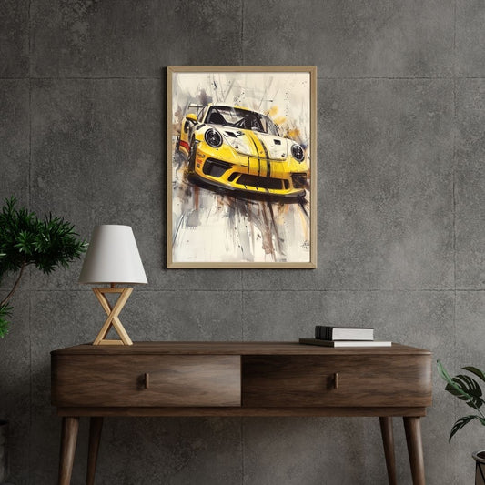 Framed artwork of a yellow sports car on a gray wall above a wooden console table.