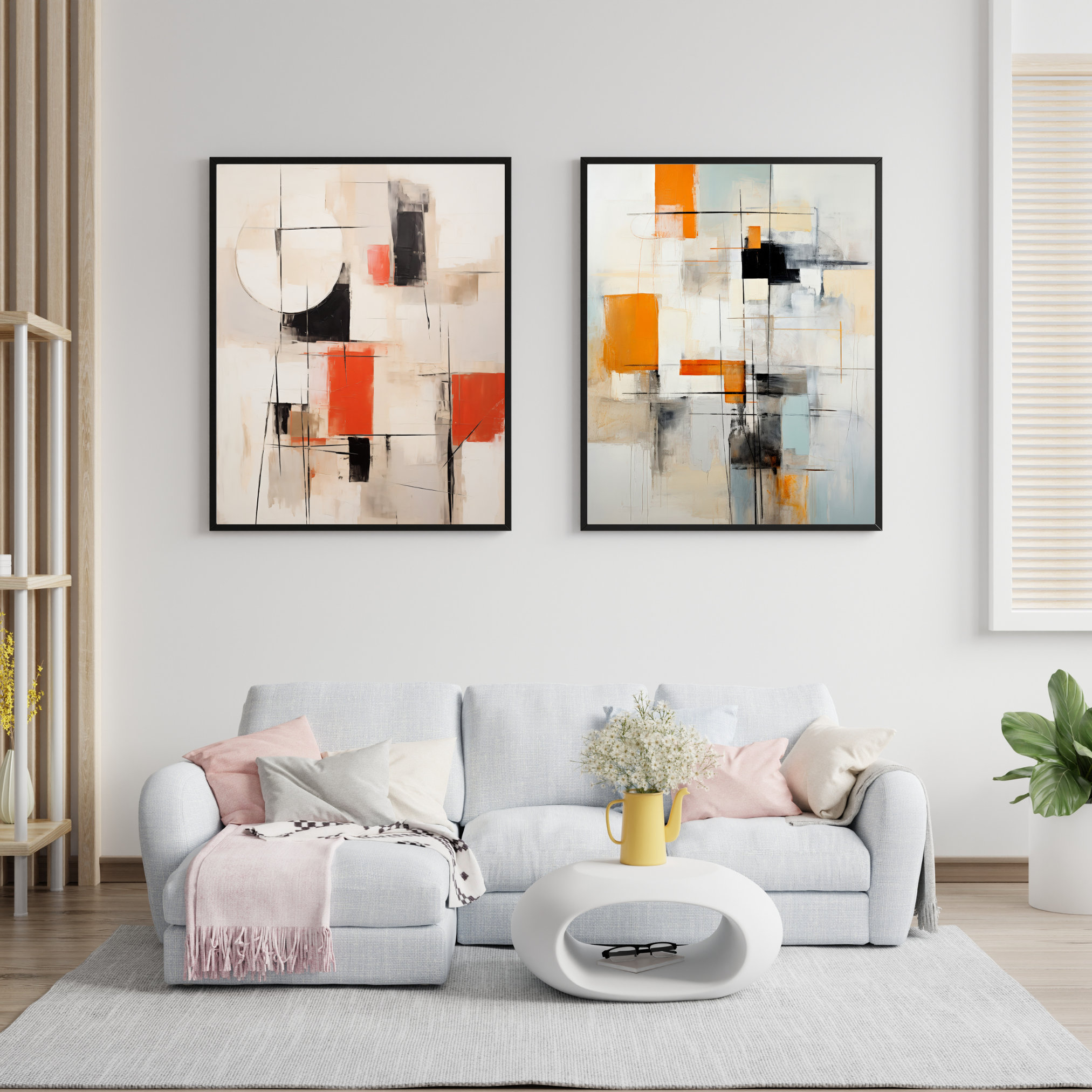 Modern living room with a gray sofa, abstract wall art, and decorative elements.