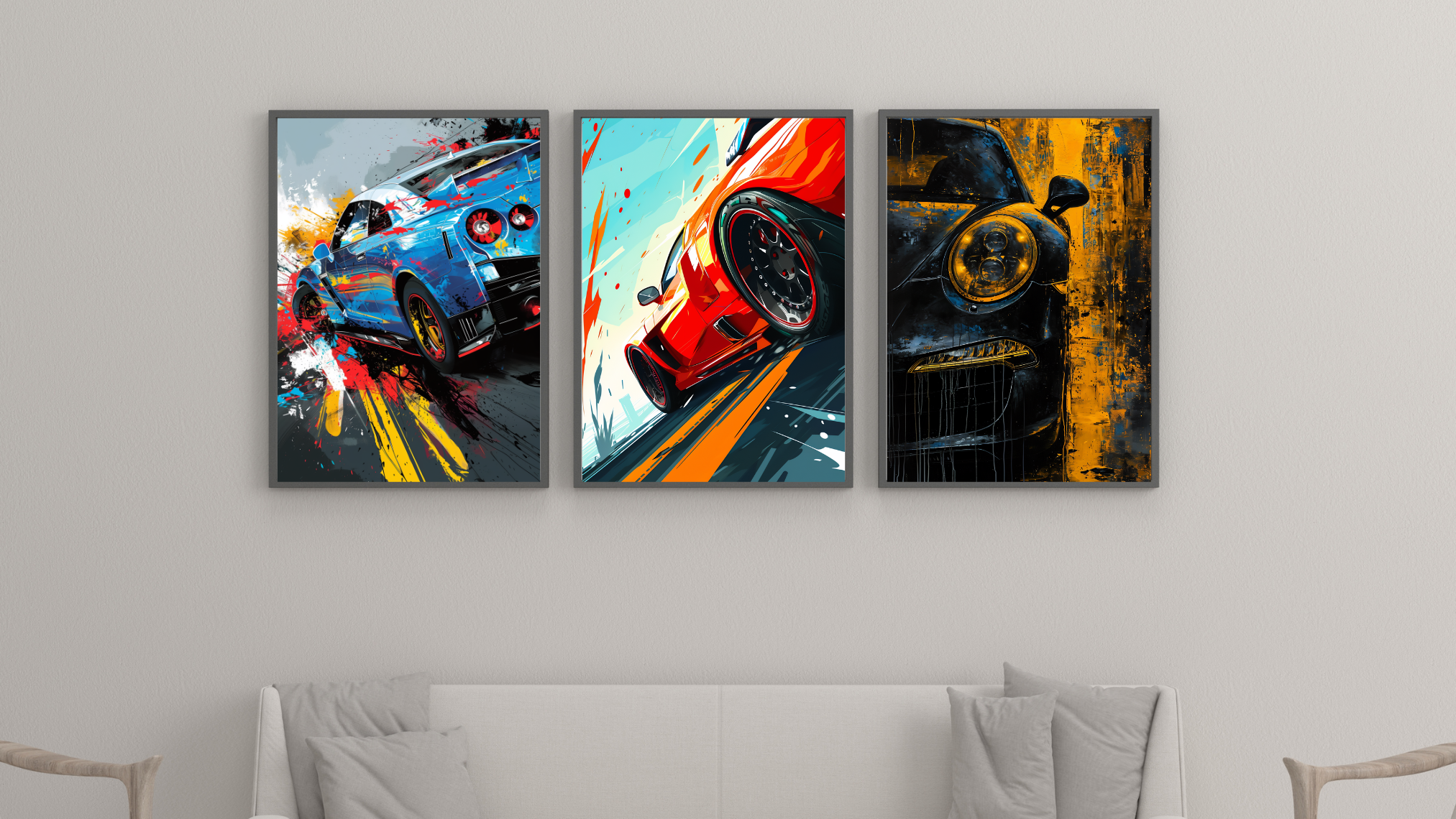 Three abstract car paintings above a white sofa in a modern living room.
