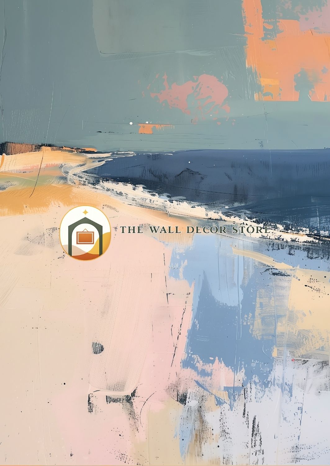 Abstract art with splashes of blue, pink, and orange, featuring 'The Wall Decor Story' logo.