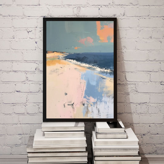 Framed abstract art piece on a stack of books against a white brick wall