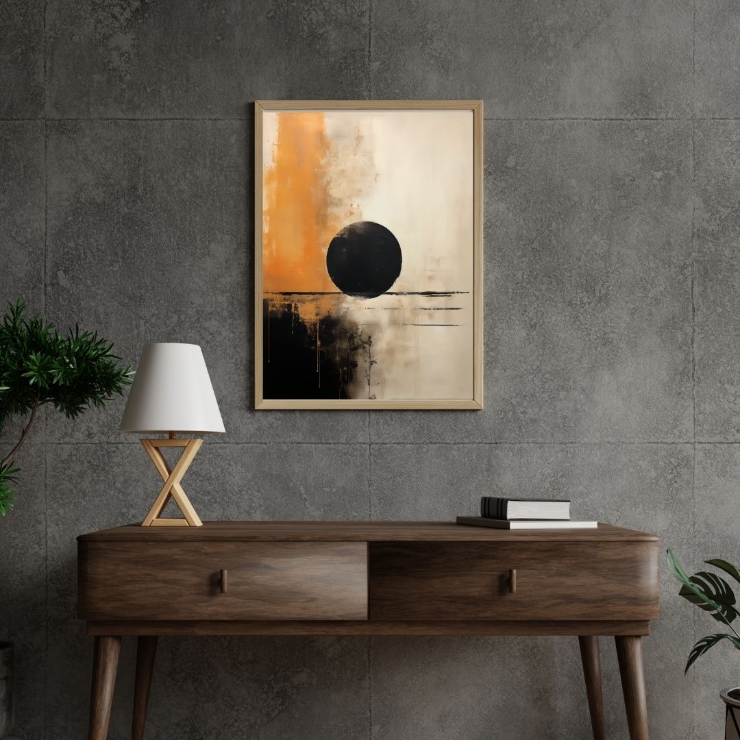 Modern interior with a wooden console table, lamp, and abstract painting on a gray wall.