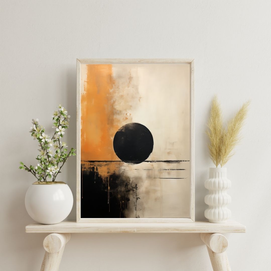 Abstract art piece on a shelf with decorative plants against a light wall