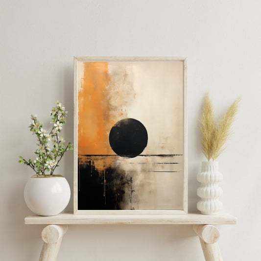 Abstract art piece on a shelf with decorative plants against a light wall